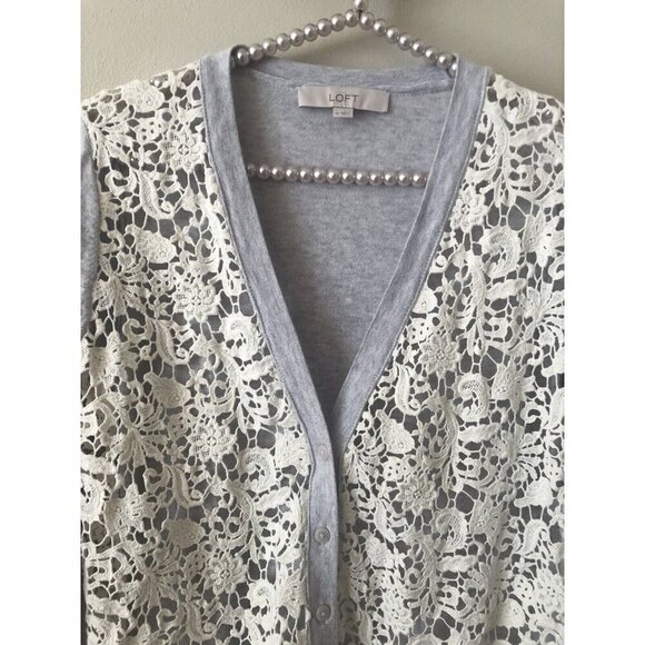 LOFT Womens Size M Cardigan Sweater Button Front Gray White Lace Crochet Front - Picture 2 of 5